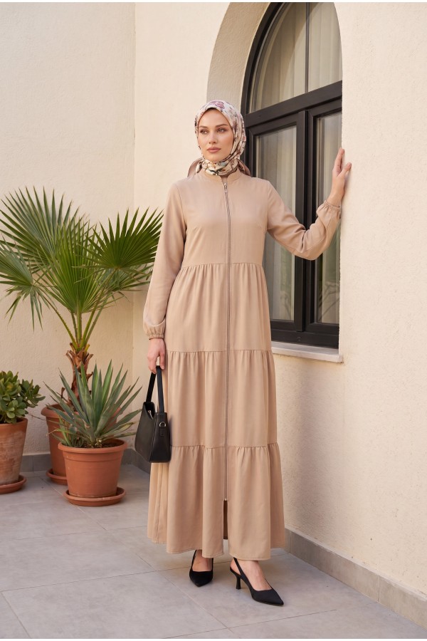 Ayrobin Abaya with Elasticated Sleeves and Zipper from the Neck  -Cinnamon
