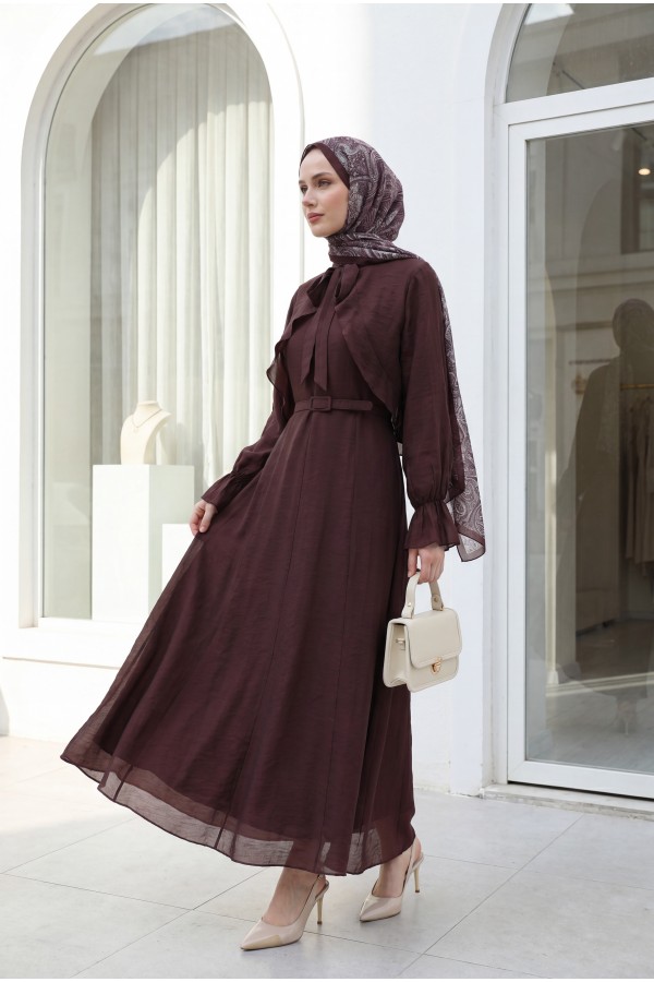Two-Piece Tulle Voile Dress with Removable Bolero and Belt, Lined -Damson