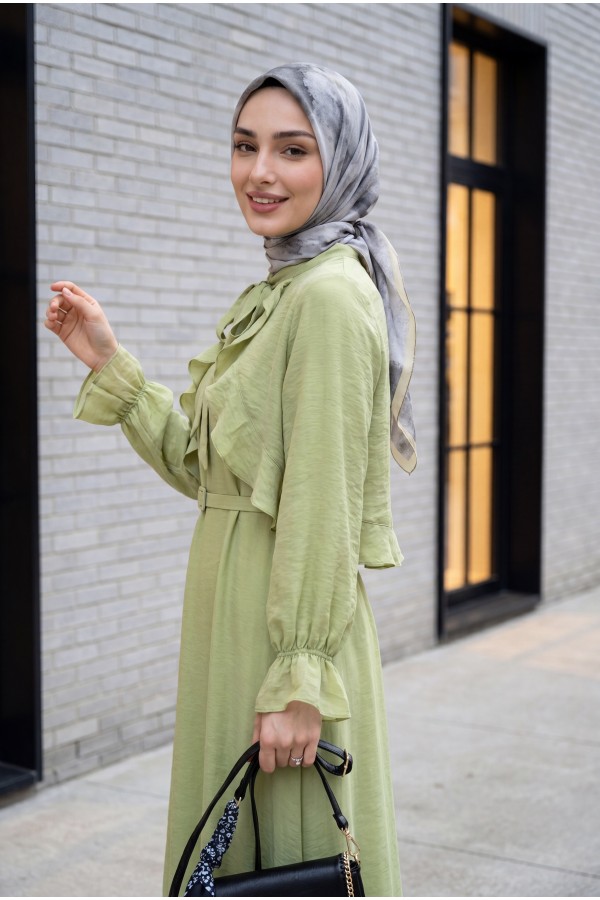 Two-Piece Tulle Voile Dress with Removable Bolero and Belt, Lined -LIGHT GREEN