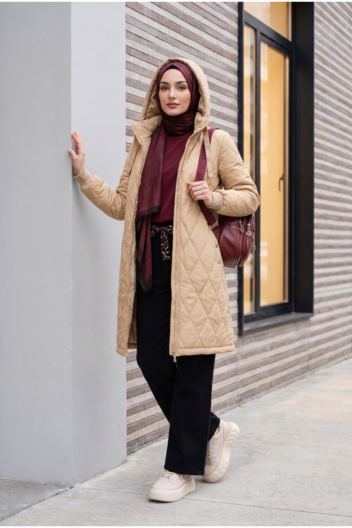 Hooded Pocket Zippered Lined Quilted Coat - Beige