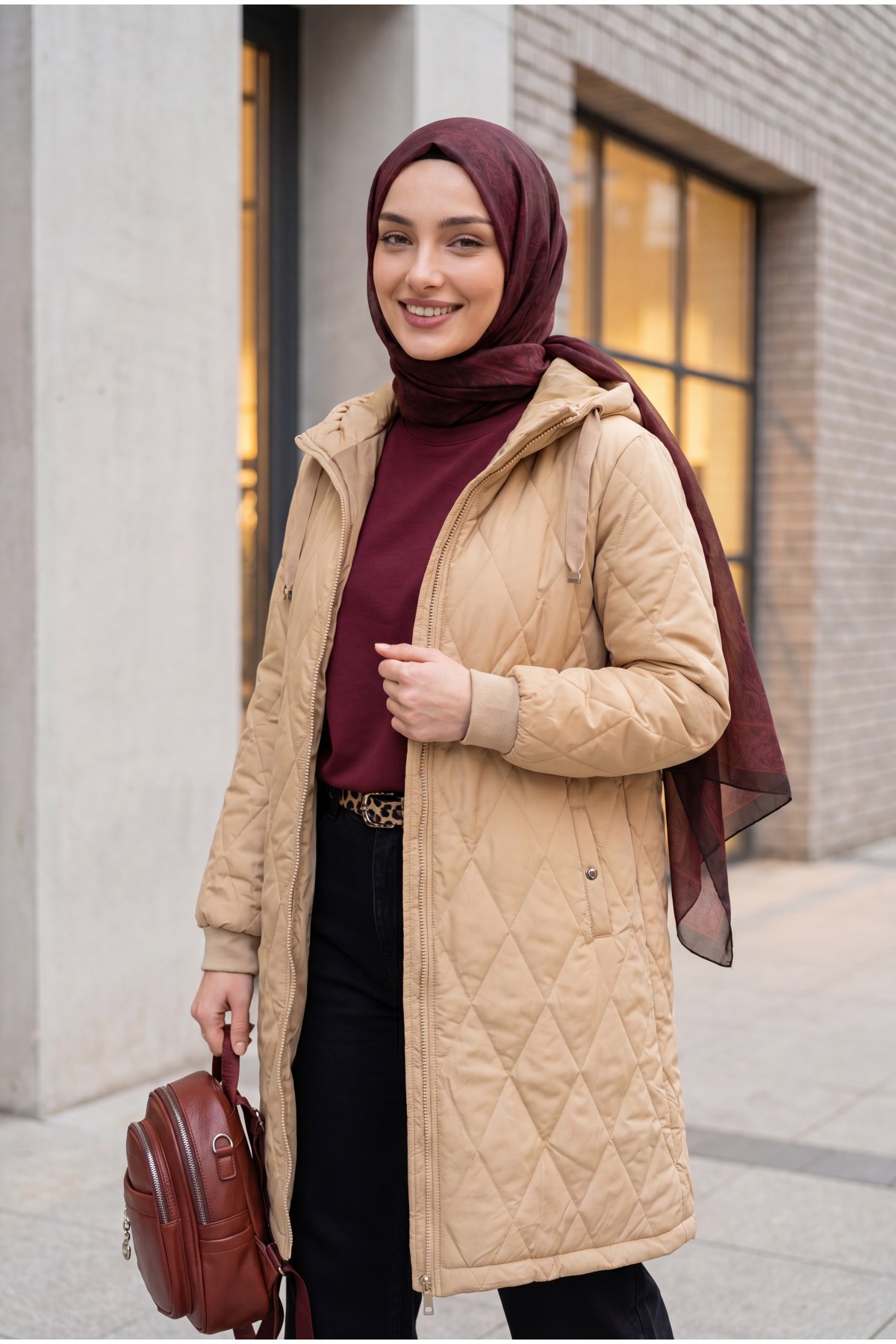 Hooded Pocket Zippered Lined Quilted Coat - Beige
