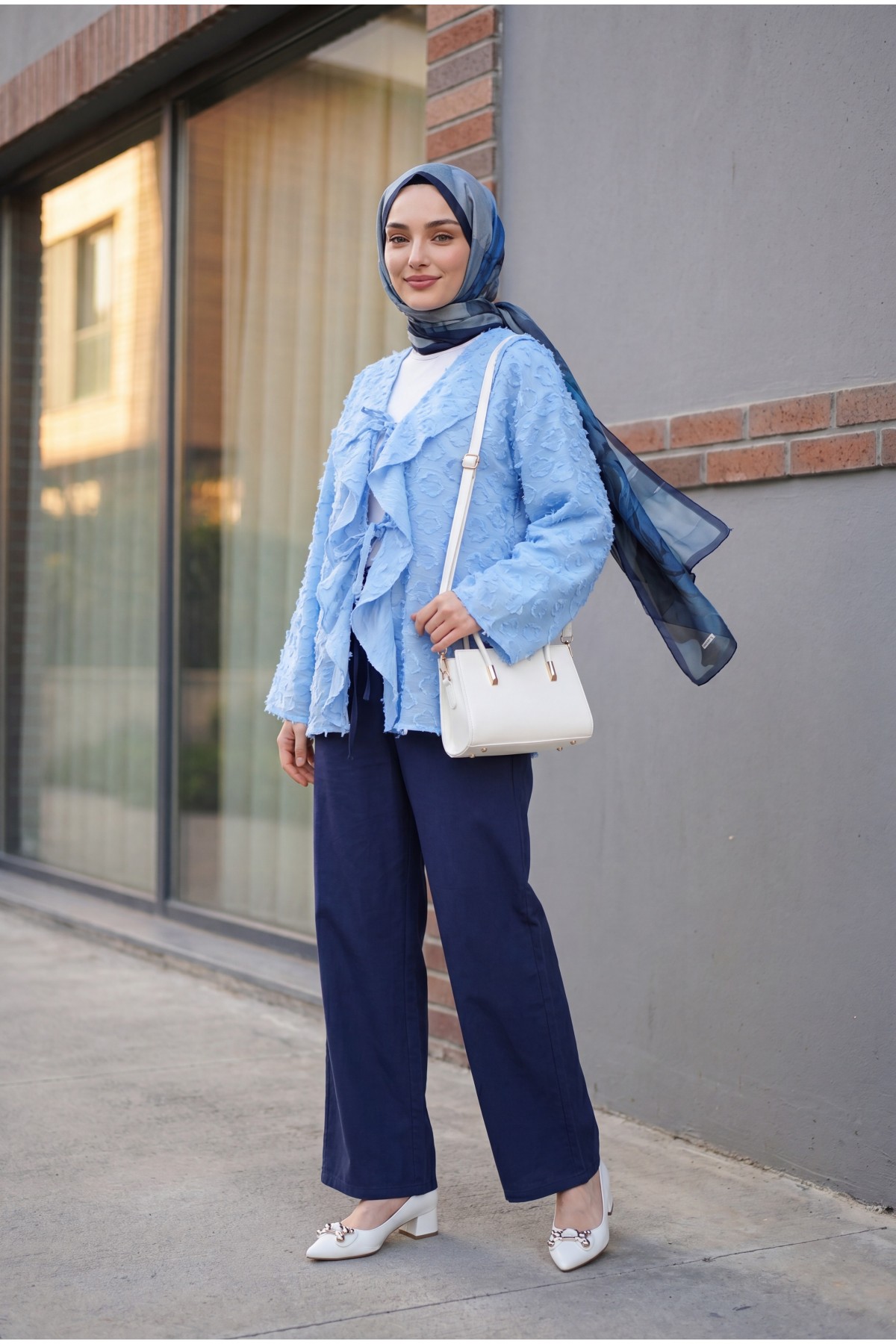 Front-tie ruffled and tasseled Jacquard Kimono -Light blue