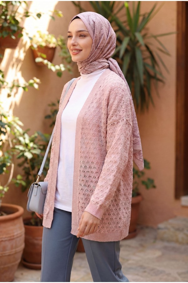 Openwork Loose Knit Cardigan -Powder