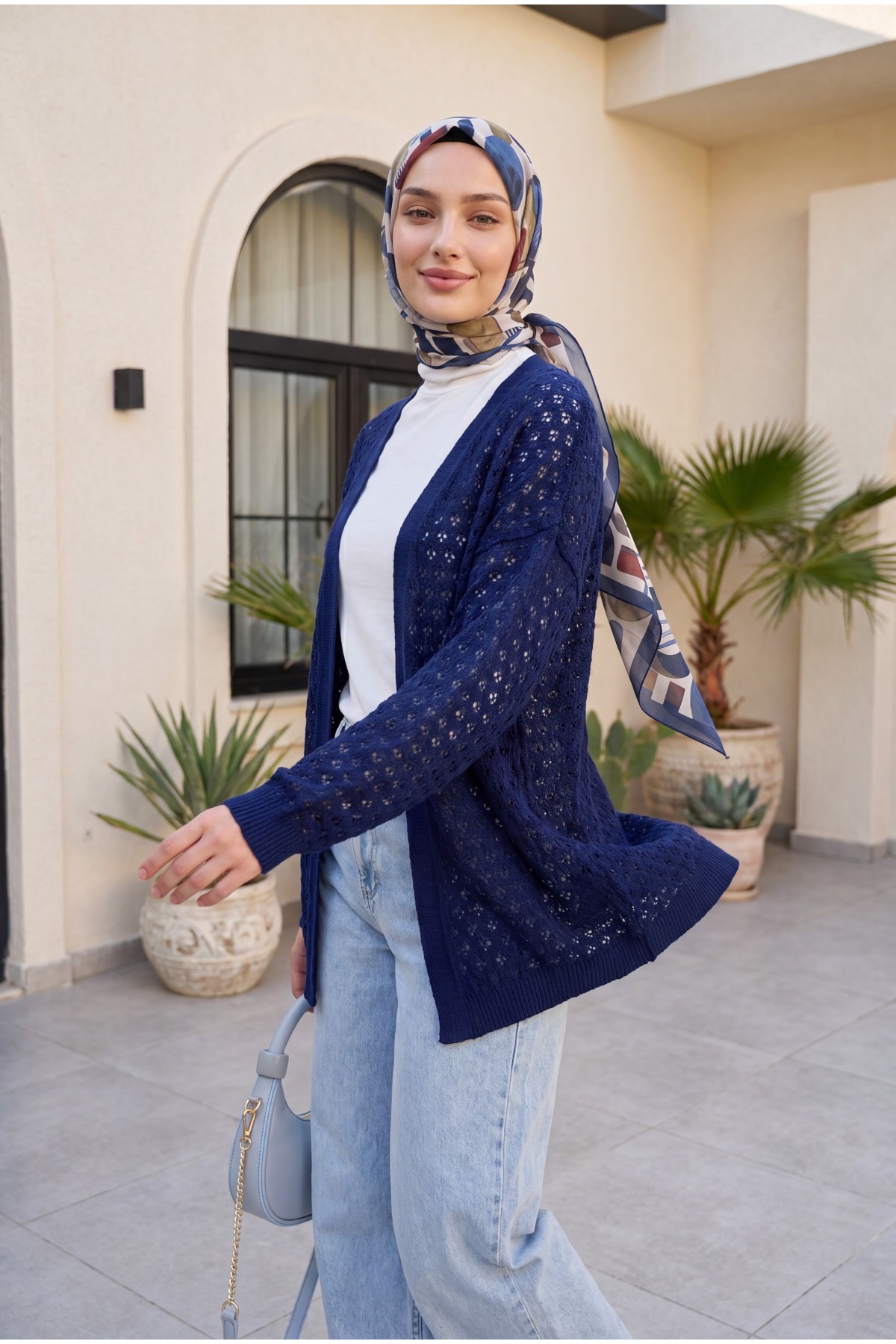 Openwork Loose Knit Cardigan -Navy blue