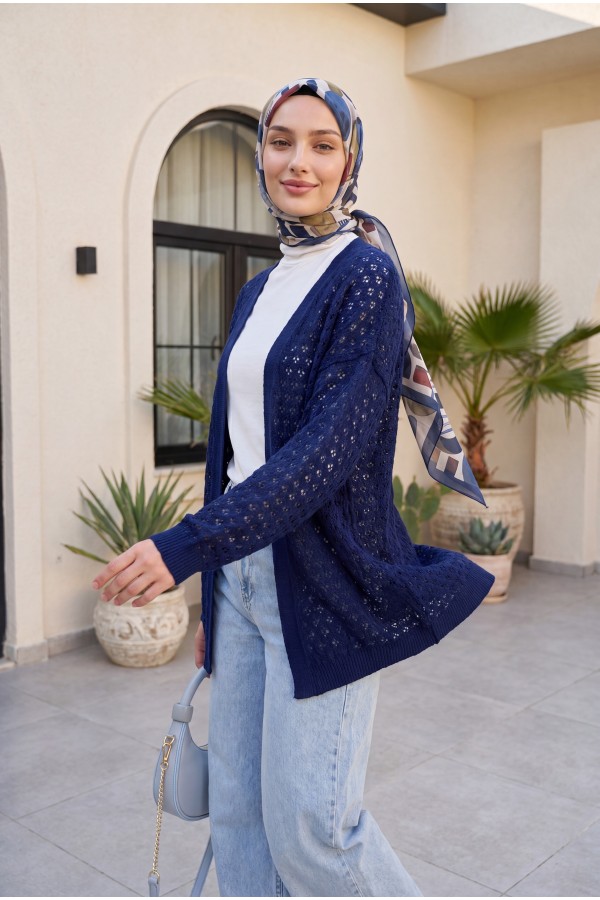 Openwork Loose Knit Cardigan -Navy blue