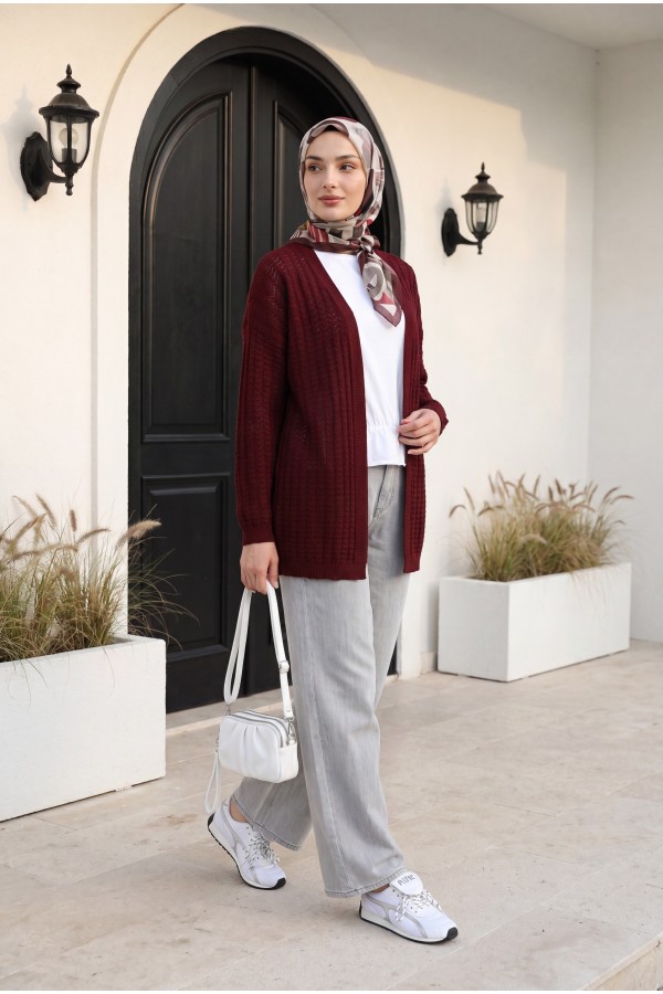 Openwork Thin Knit Cardigan -Maroon