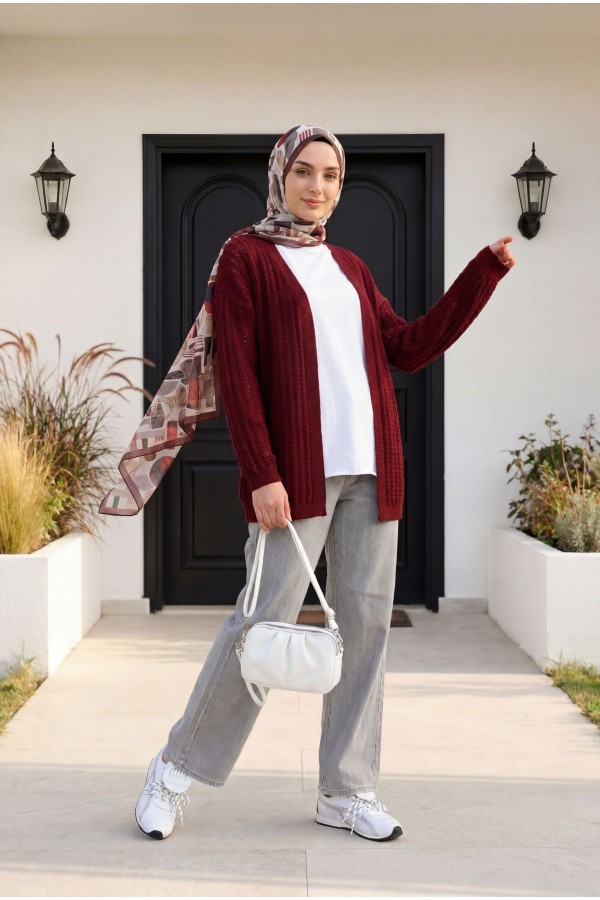 Openwork Thin Knit Cardigan -Maroon