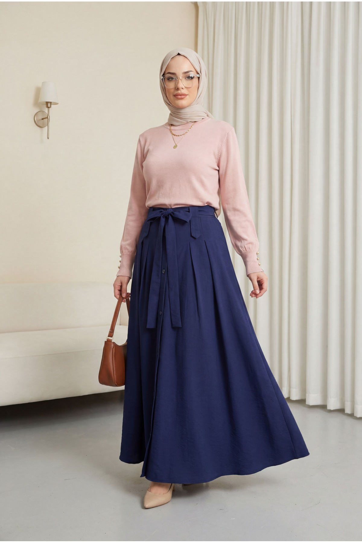 Round Neck Knitted Tunic with Button Detail on Sleeves  -Powder