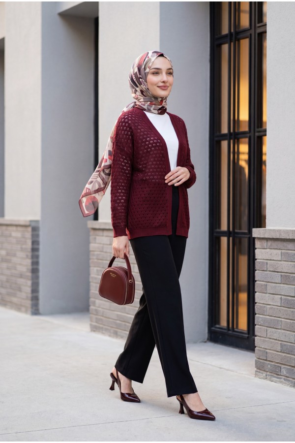 Openwork Loose Knit Cardigan -Maroon