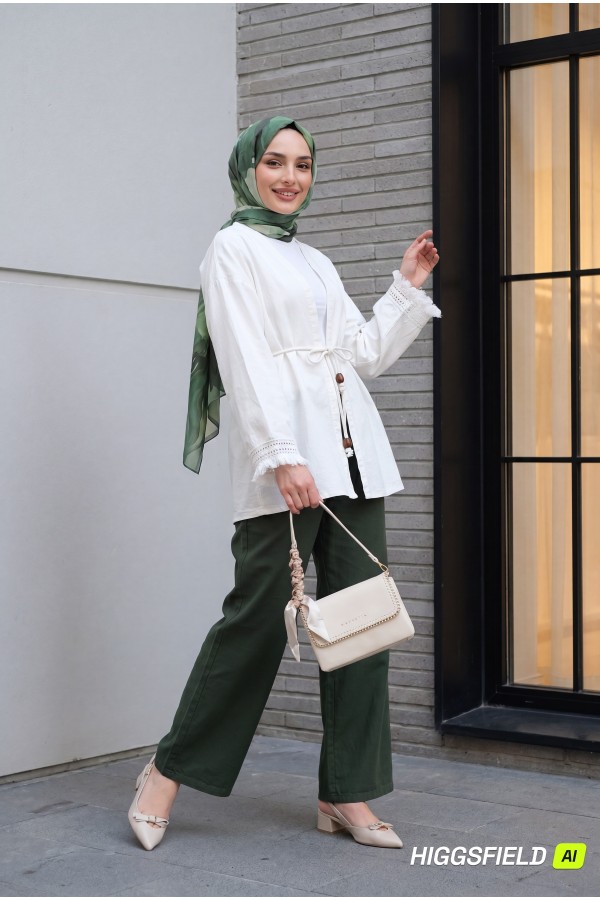 Linen Kimono with Tasseled Sleeves and Belted Waist -Ecru