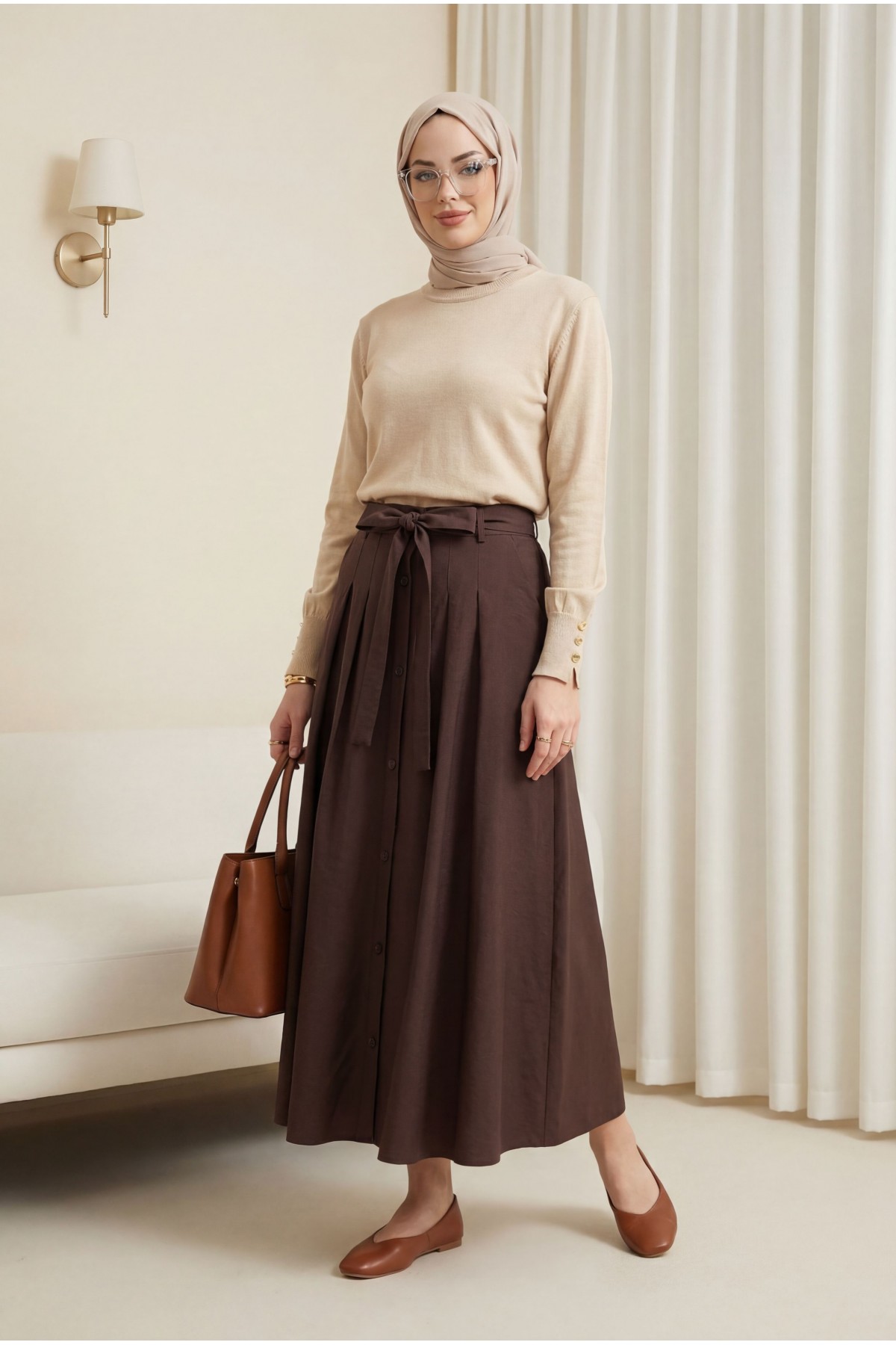 Round Neck Knitted Tunic with Button Detail on Sleeves  -Light Mink