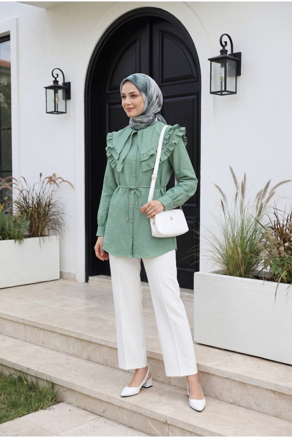 Single Button Front Fold Detail Pocket Trousers  -White