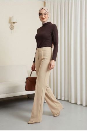 Düğmeli Beli Lastikli Likralı Palazzo Pantolon  -Bej