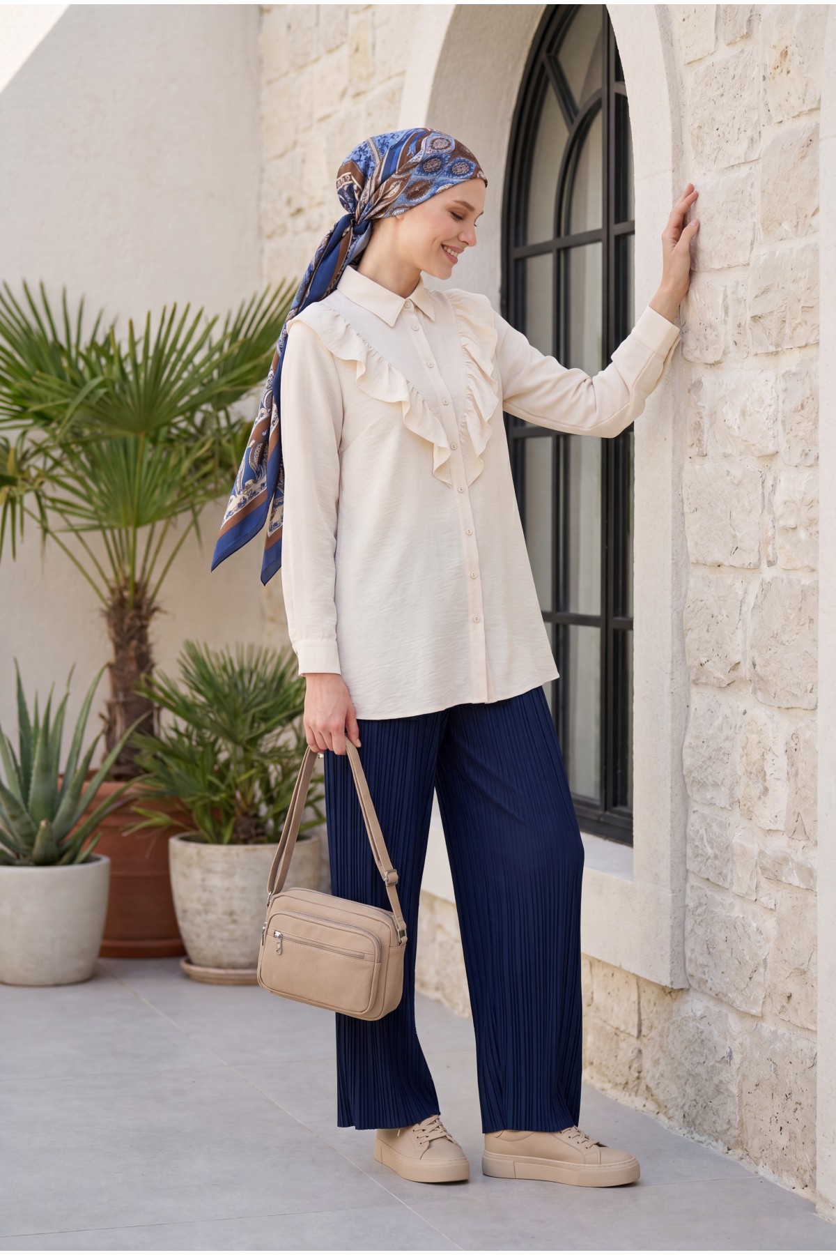 بنطلون Tencel Cupra بتفاصيل حزام خصر مطاطي -كحلي