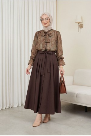 Ethnic Patterned Chiffon Blouse with Tie Neckline and Elasticated Sleeves -Brown