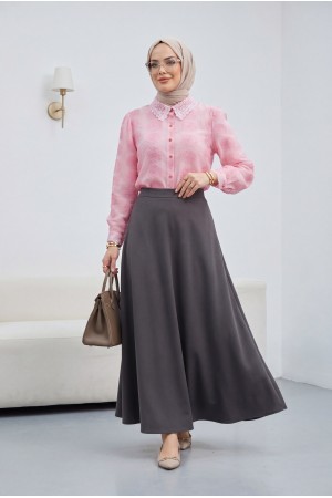 Top Düğmeli Yakası Dantelli Desenli Jakar Gömlek -Pembe