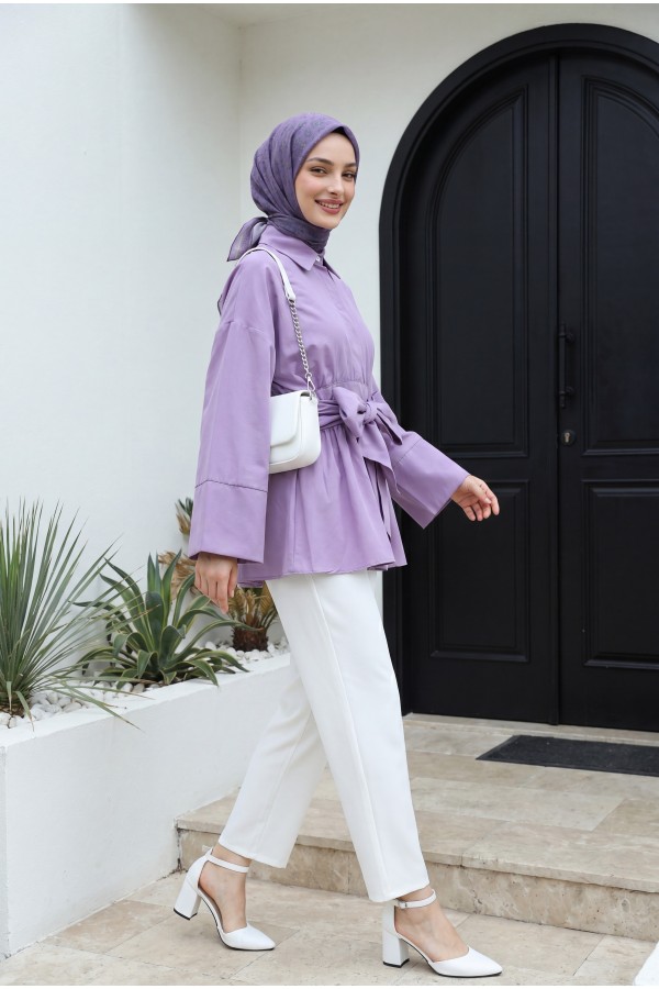 Slim Leg Trousers with Waist Lace -White