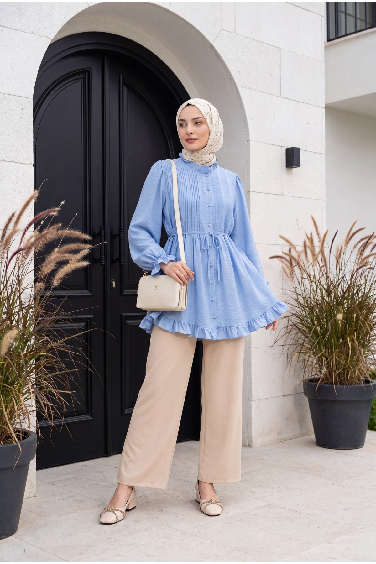 İthal Kumaş Bol Paça Pantolon -Somon detay görseli