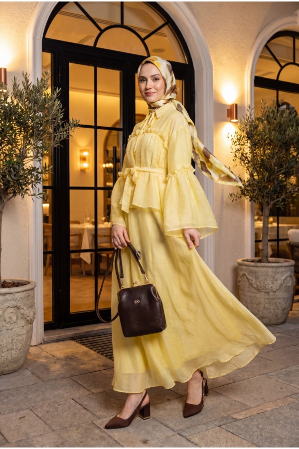 Belted Tulle Voile Dress with Tie Neck and Ruffle Detail -Yellow