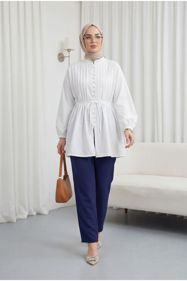 Poplin Shirt with Belted, Elasticated Cuffs, Button Front, and Fold Detail -White