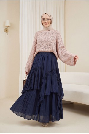 Yuvarlak Yaka Yarasa Kol Ajurlu Triko Kazak -Pudra