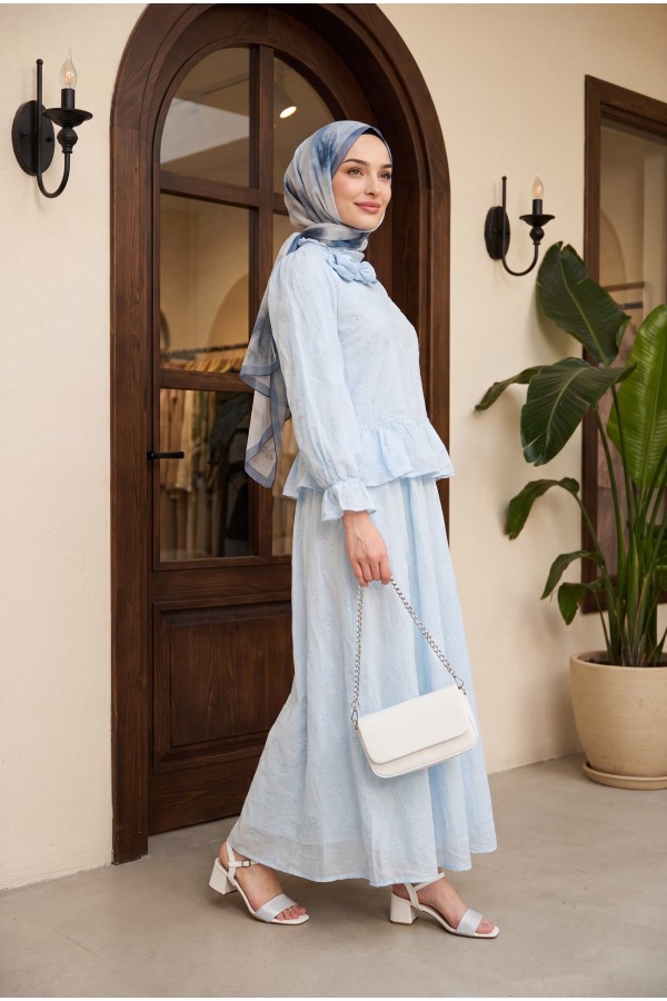 Rose Brooch Embellished, Elasticated Sleeve, Patterned, Lined, Voile Skirt Set  -Baby Blue