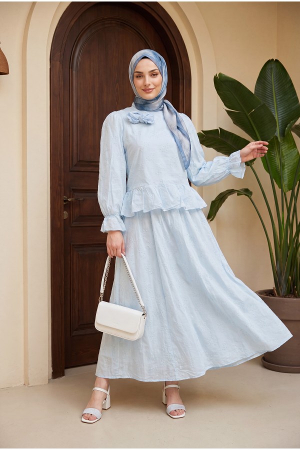 Rose Brooch Embellished, Elasticated Sleeve, Patterned, Lined, Voile Skirt Set  -Baby Blue
