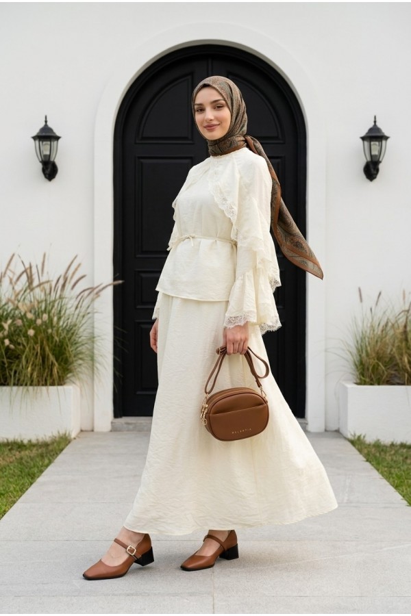 Lace-detailed, Spanish-style sleeve, lined, belted tulle voile skirt set -Ecru