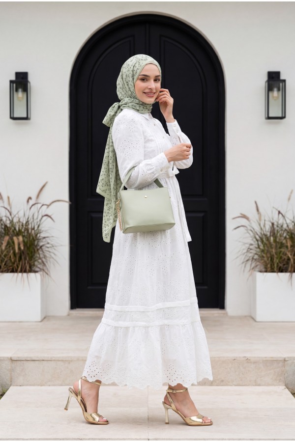 Imported Linen Dress with Ribbed Front, Frilled Trim, Lined, and Belted Shirt Collar. -White