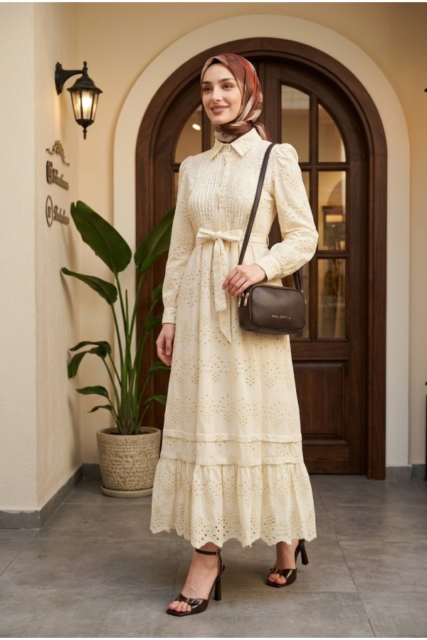 Imported Linen Dress with Ribbed Front, Frilled Trim, Lined, and Belted Shirt Collar. - Beige