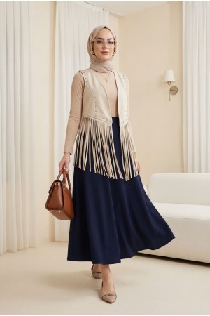 Stone Detail Tassel Dropped Suede Vest -Stone