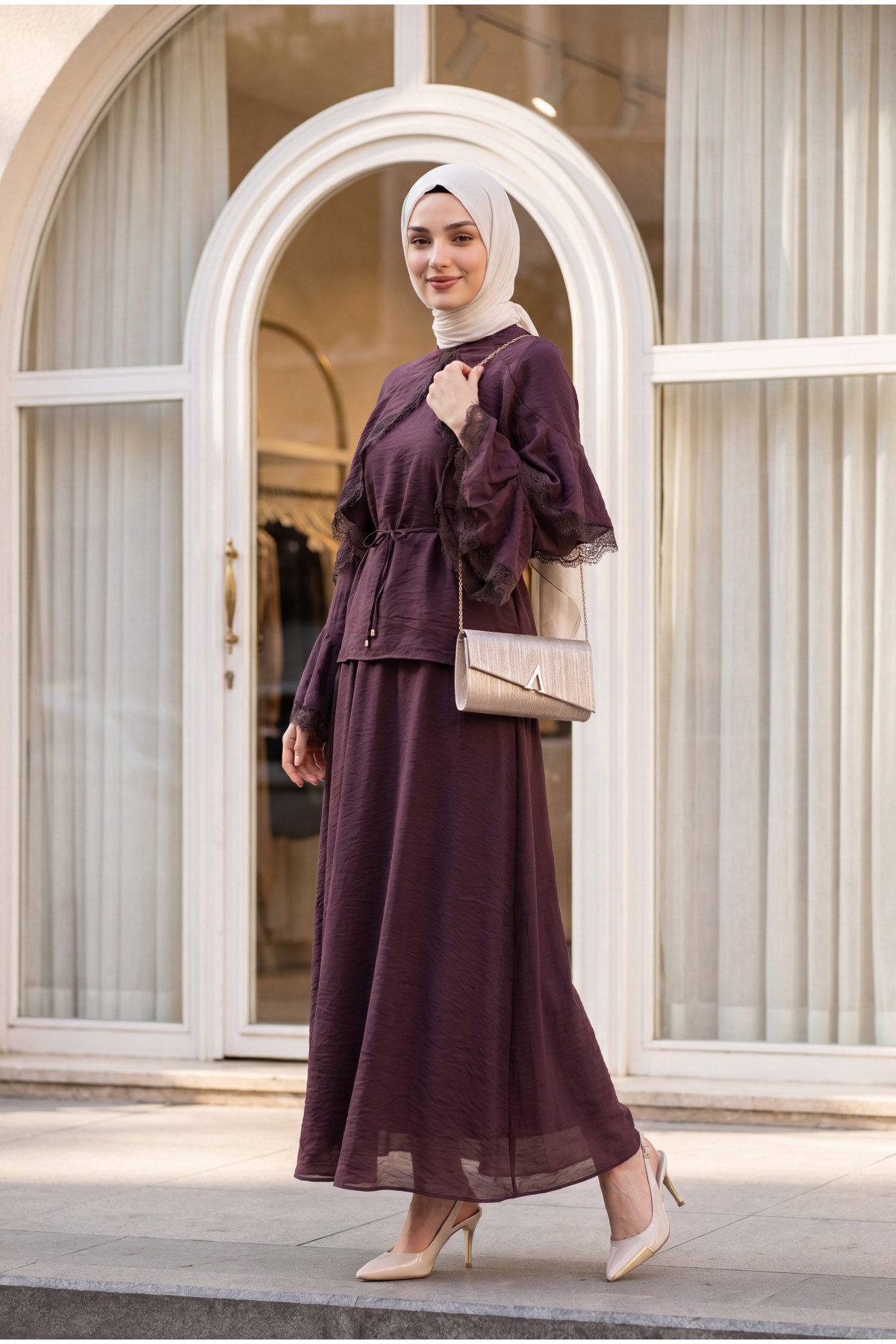 Lace-detailed, Spanish-style sleeve, lined, belted tulle voile skirt set -Dark Bordo