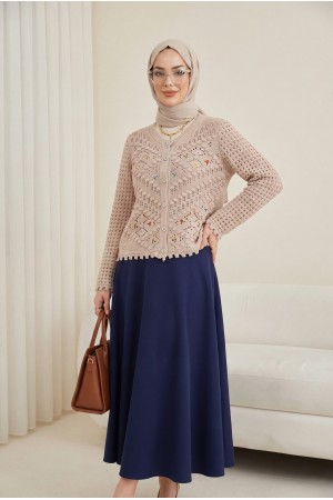 Çiçek Nakışlı Ponponlu Ajurlu Triko Hırka       -Pudra