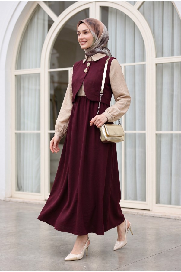 Snap-Button Mini Vest, Elastic Waist, Half-Button Long Modal Dress -Damson