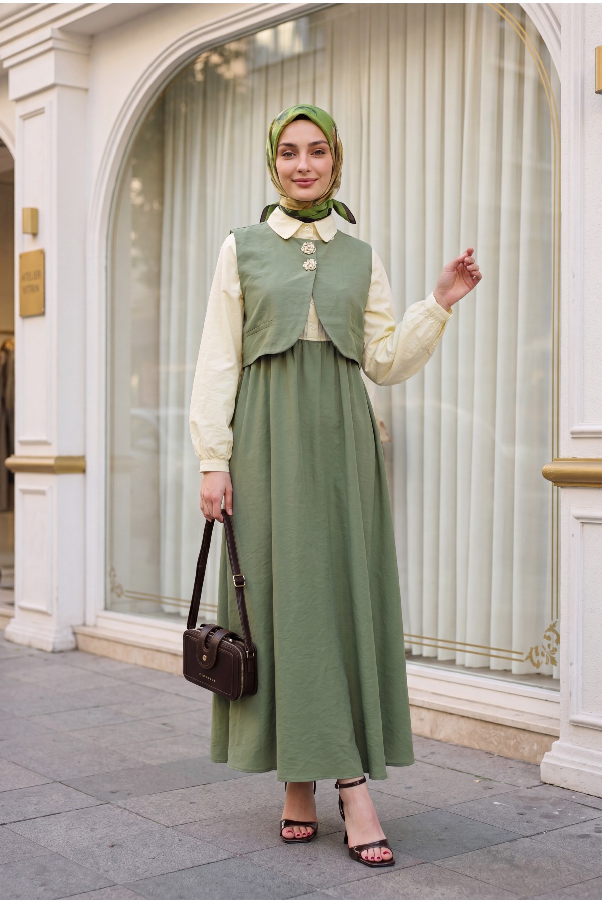 Snap-Button Mini Vest, Elastic Waist, Half-Button Long Modal Dress -Cagla Green