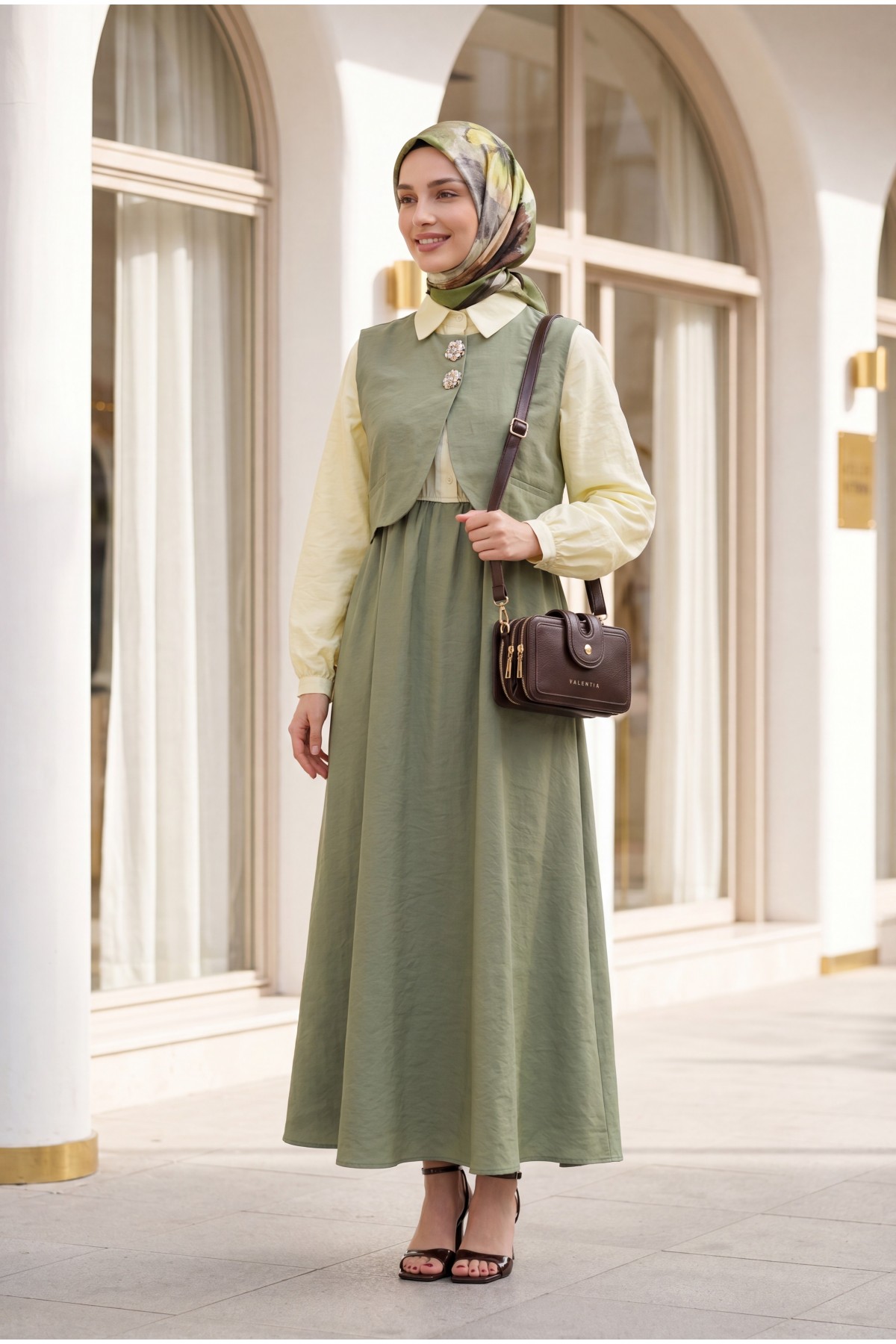 Snap-Button Mini Vest, Elastic Waist, Half-Button Long Modal Dress -Cagla Green