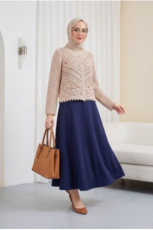 Çiçek Nakışlı Ponponlu Ajurlu Triko Hırka       -Pudra