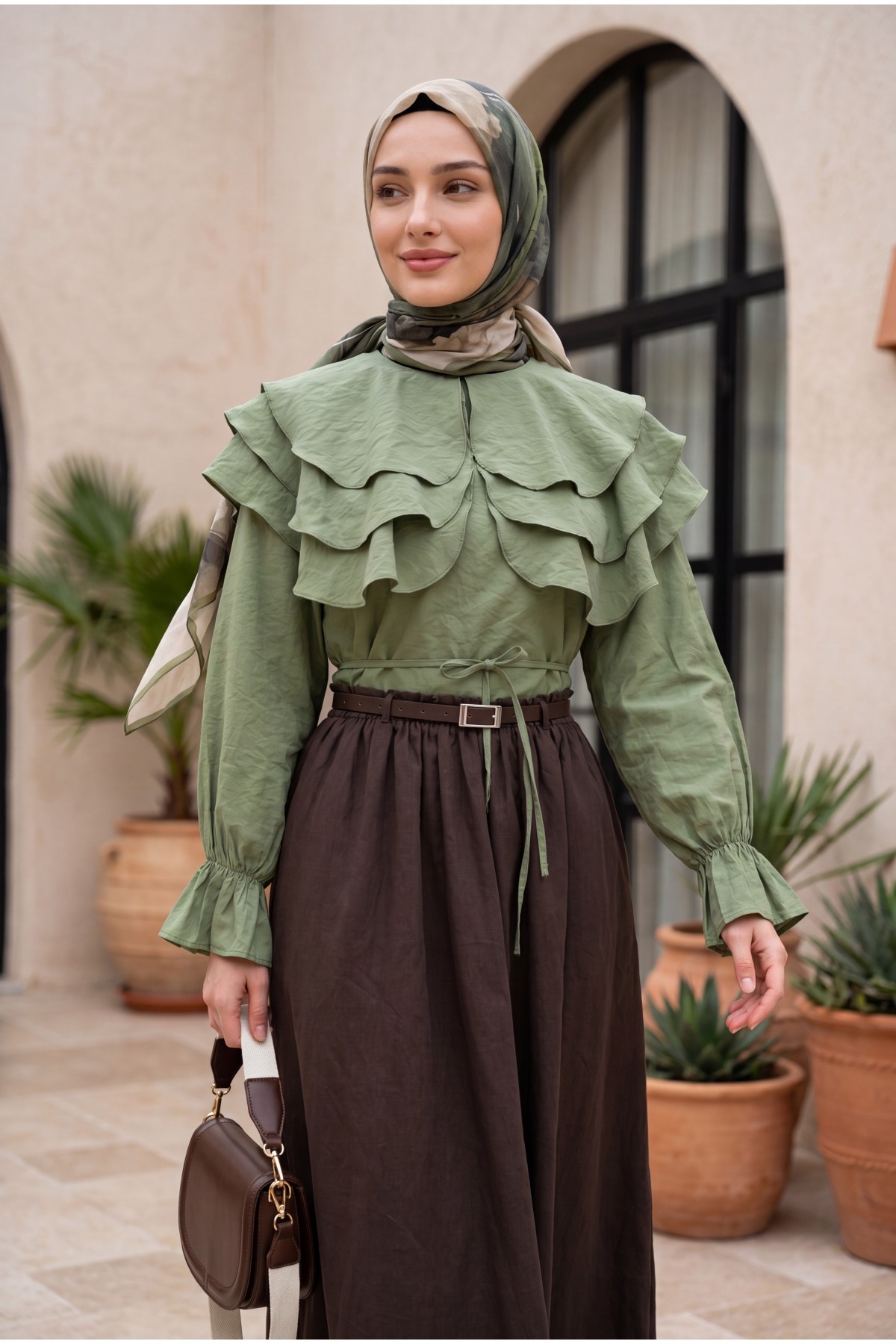 Layered Baby Collar Modal Blouse with Elasticated Cuffs -Cagla Green