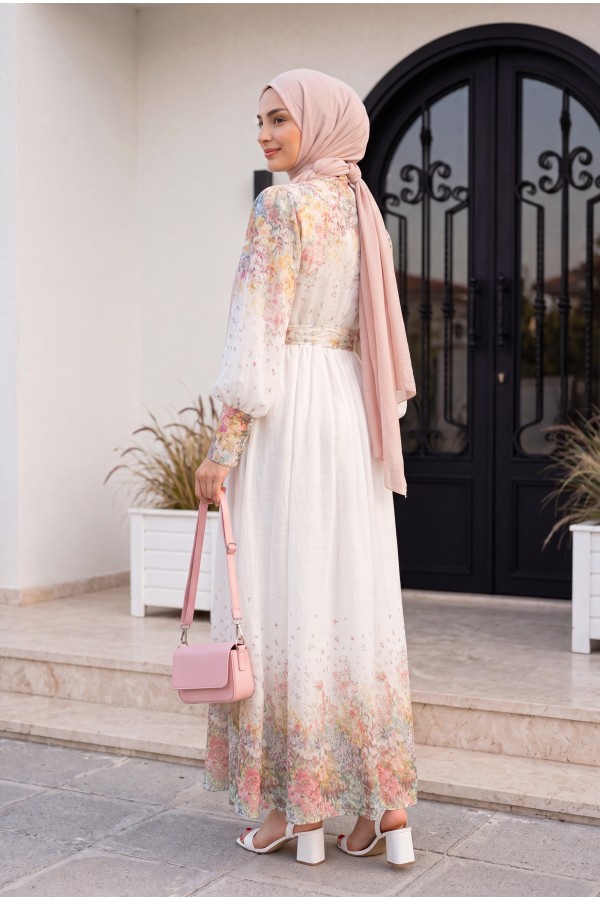 Button-Detailed, Patterned, Lined Polycotton Dress with Belt -Ecru