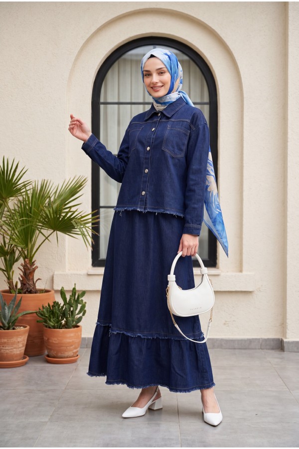 Shirt Collar Double Pocket Buttoned Denim Suit with Fringed Hem -dark lacquer