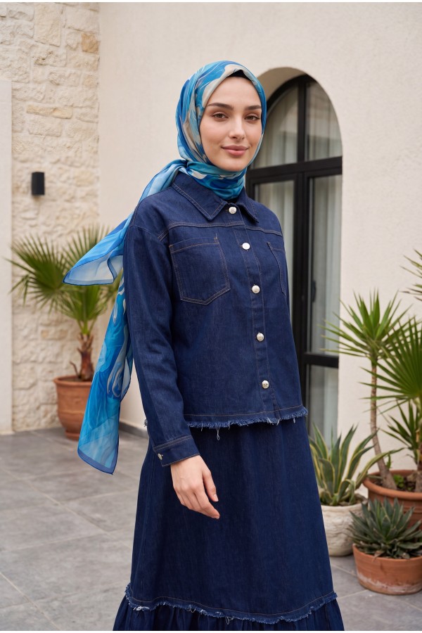 Shirt Collar Double Pocket Buttoned Denim Suit with Fringed Hem -dark lacquer