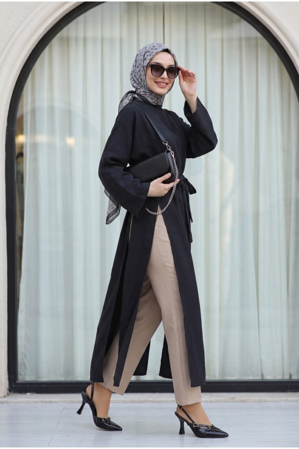 Mandarin Collar Deep Slit Belted Long Modal Tunic -Black