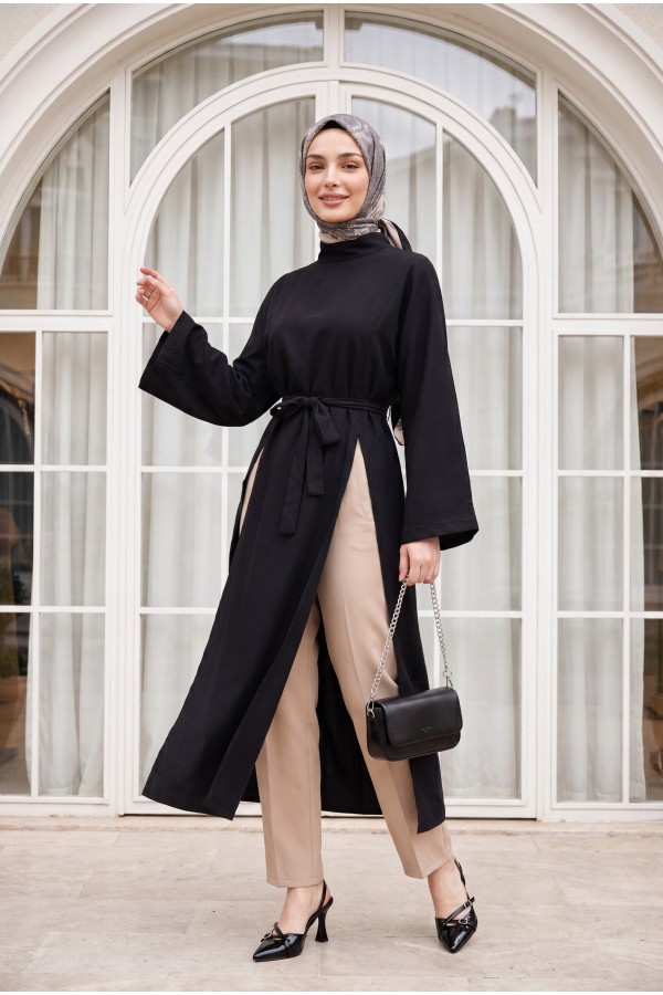 Mandarin Collar Deep Slit Belted Long Modal Tunic -Black