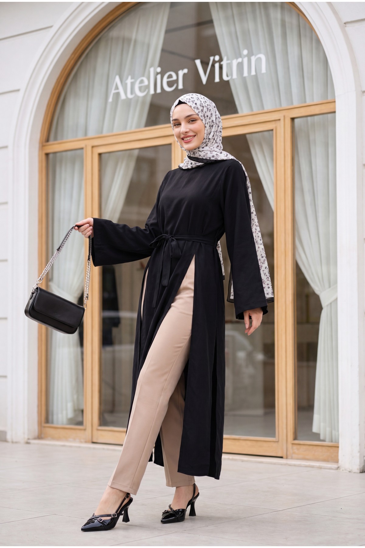 سترة طويلة من المودال بياقة صينية وفتحة عميقة وحزام -أسود