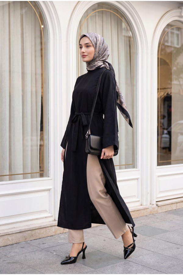 Mandarin Collar Deep Slit Belted Long Modal Tunic -Black