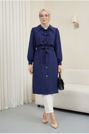 Önü Bağlama Detaylı Düğmeli Cepli Trençkot -Laci