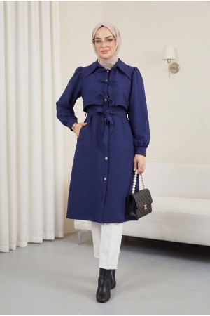 Önü Bağlama Detaylı Düğmeli Cepli Trençkot -Laci