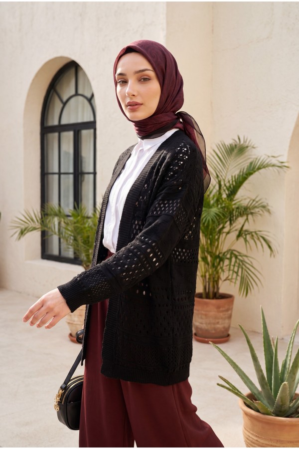 كارديجان محبوك مفتوح بتفاصيل بوم بوم -أسود