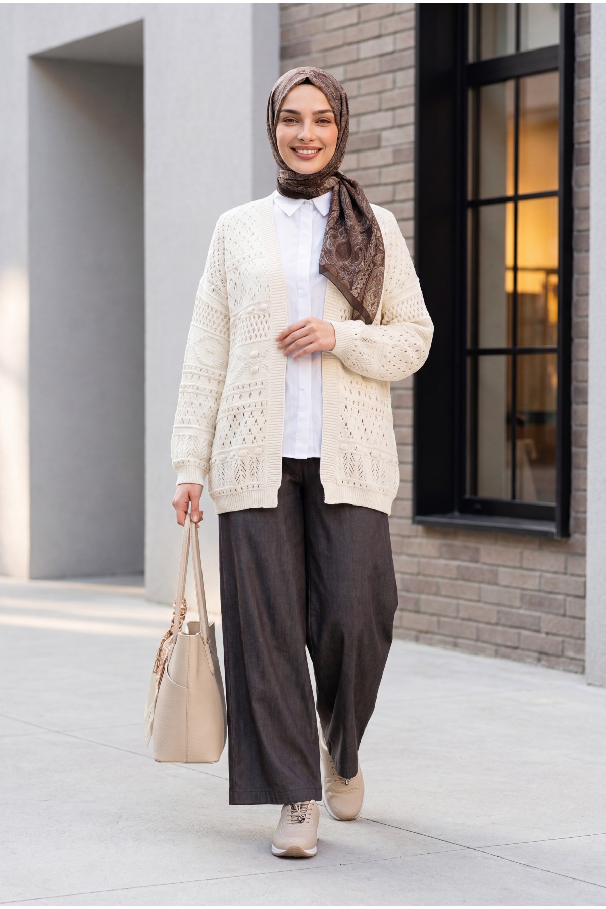 Openwork Knit Cardigan with Pom-Pom Detail -Ecru