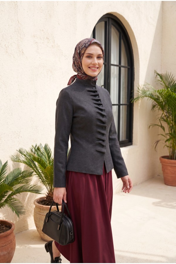 Buttoned, High-Neck Knit Cardigan with Ruffled Front -Anthracite
